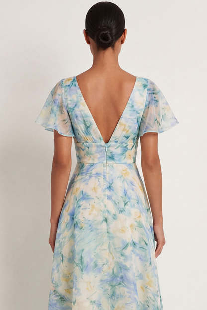 Light Green Floral A Line V Neck Short Sleeves Long Formal Dress