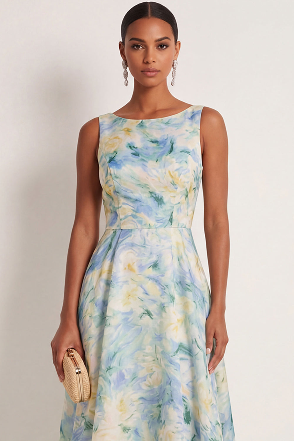 Round Neck Light Green Floral A Line Sleeveless Long Formal Dress