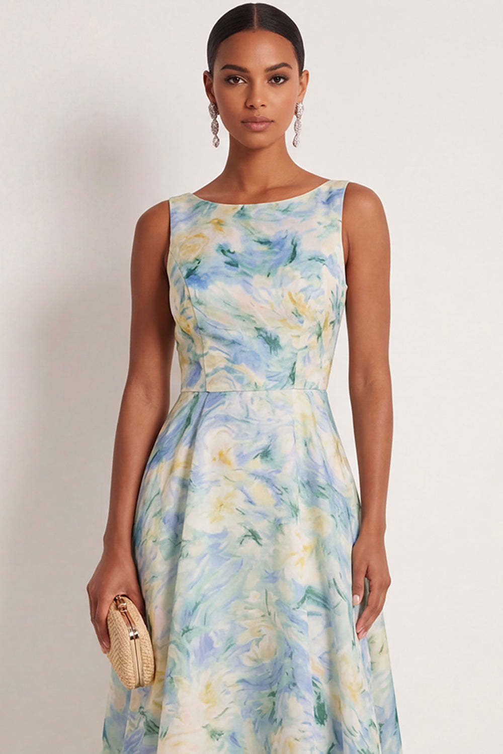 Round Neck Light Green Floral A Line Sleeveless Long Formal Dress