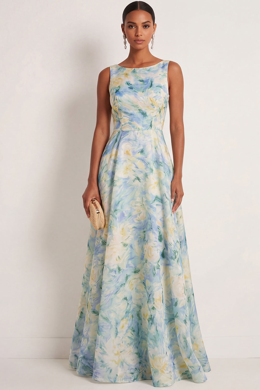 Round Neck Light Green Floral A Line Sleeveless Long Formal Dress