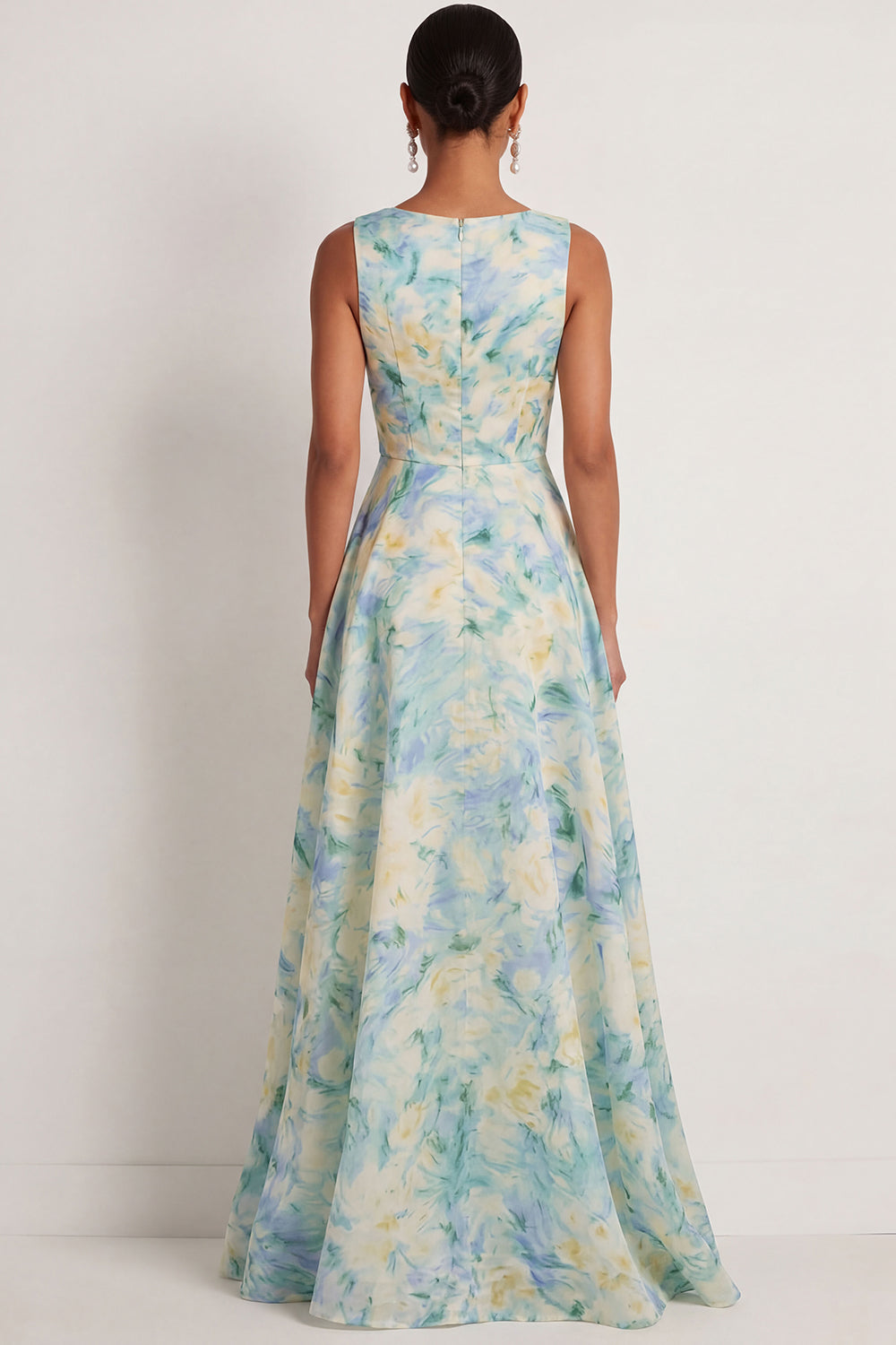 Round Neck Light Green Floral A Line Sleeveless Long Formal Dress