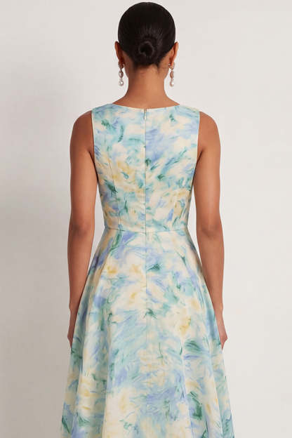 Round Neck Light Green Floral A Line Sleeveless Long Formal Dress