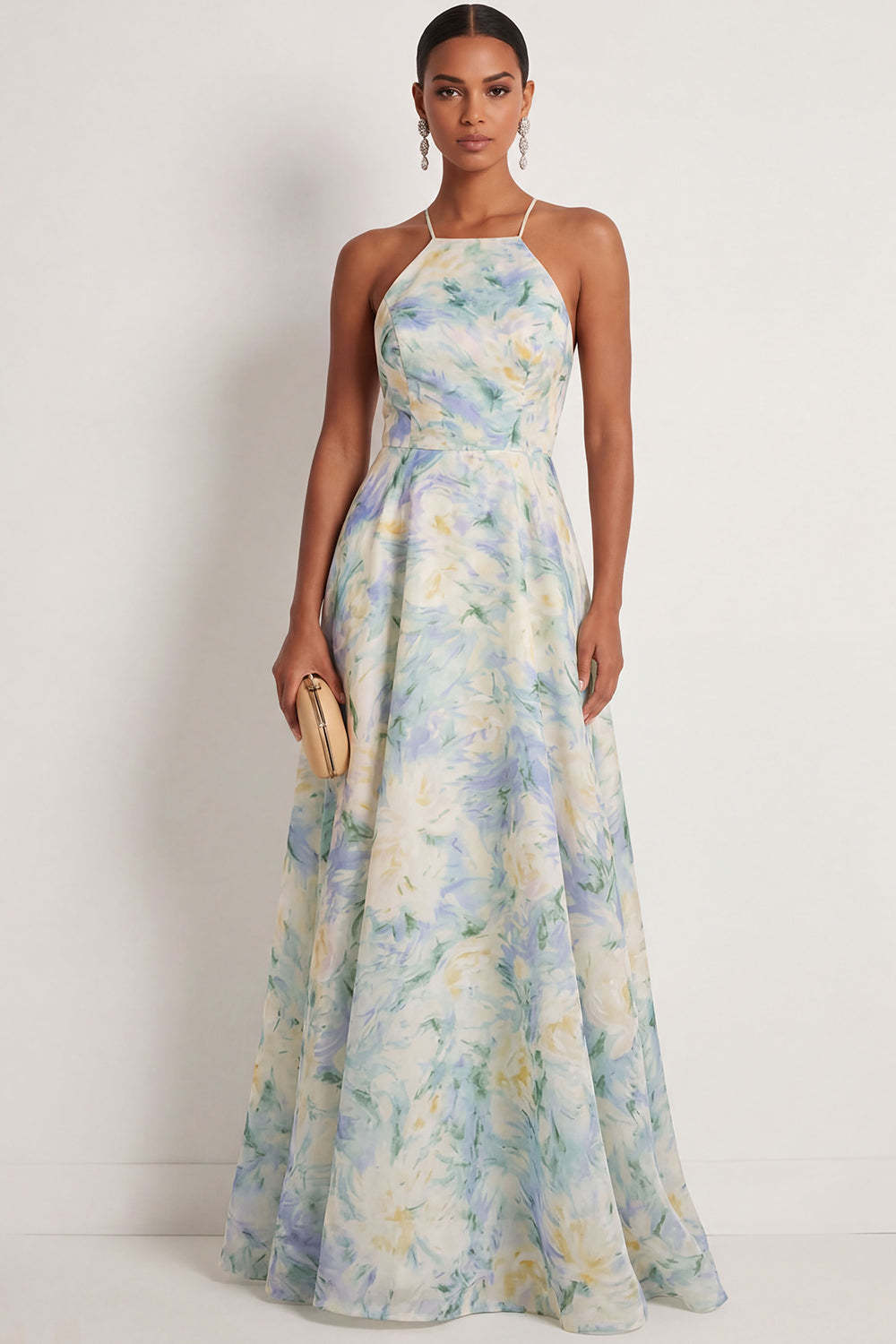 Leely Women Floral Light Green A Line Floral Long Formal Dress Halter Neck Backless Sleeveless Wedding Guest Dress