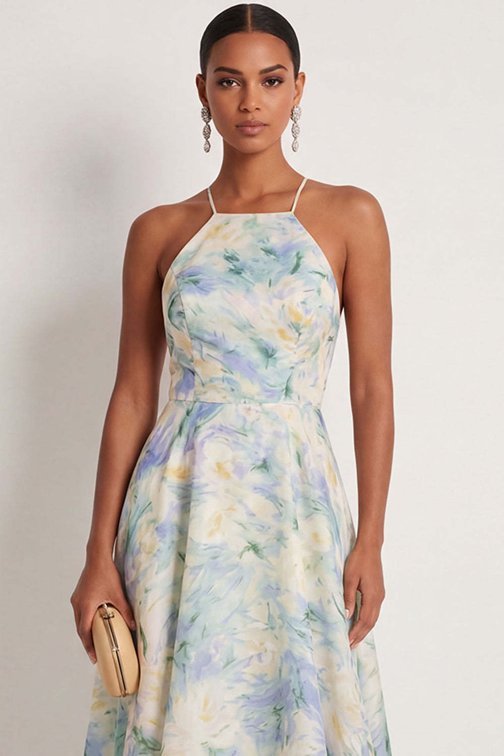 Floral Light Green Halter Neck A Line Floral Long Formal Dress