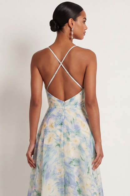 Floral Light Green Halter Neck A Line Floral Long Formal Dress