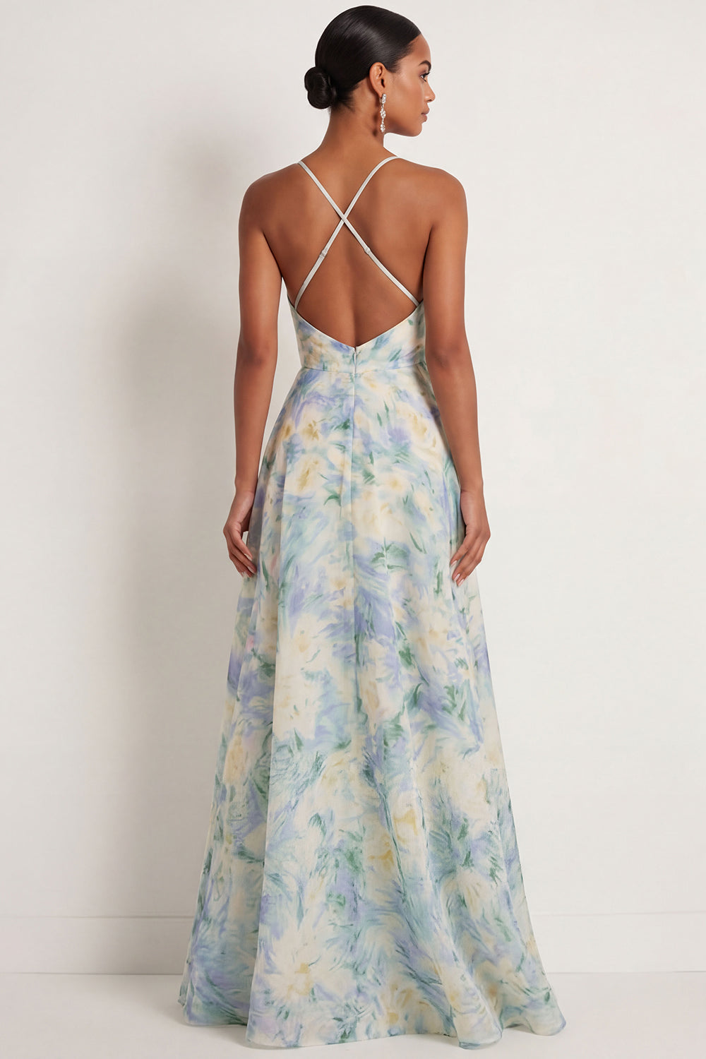 Floral Light Green Halter Neck A Line Floral Long Formal Dress