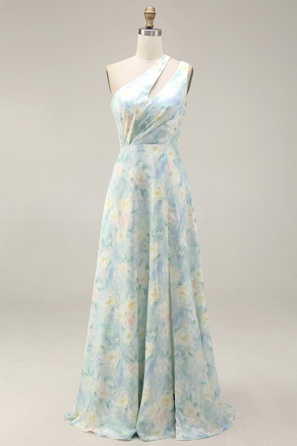 Floral Light Green One Shoulder A Line Floral Long Formal Dress with Slit