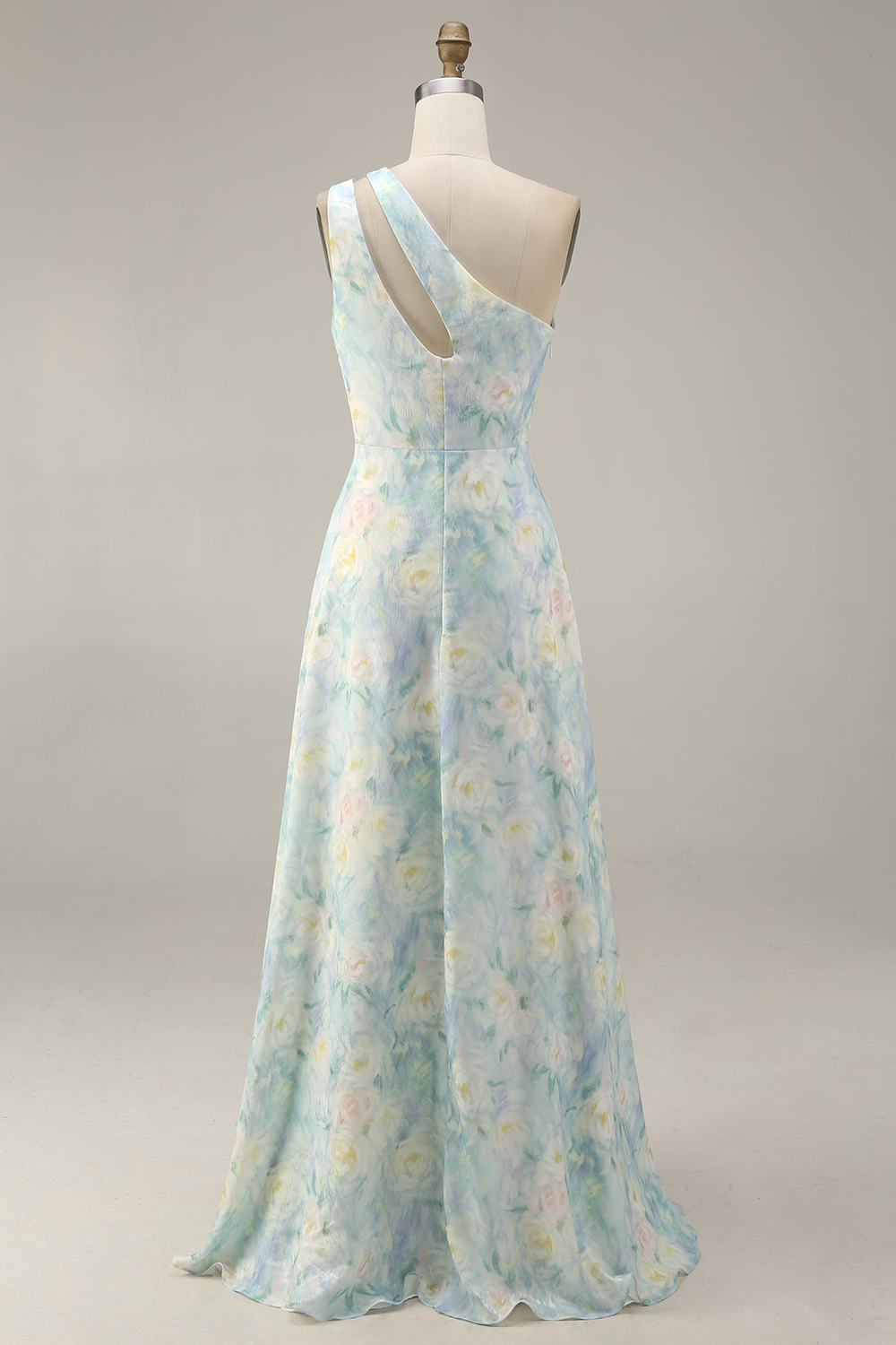 Floral Light Green One Shoulder A Line Floral Long Formal Dress with Slit