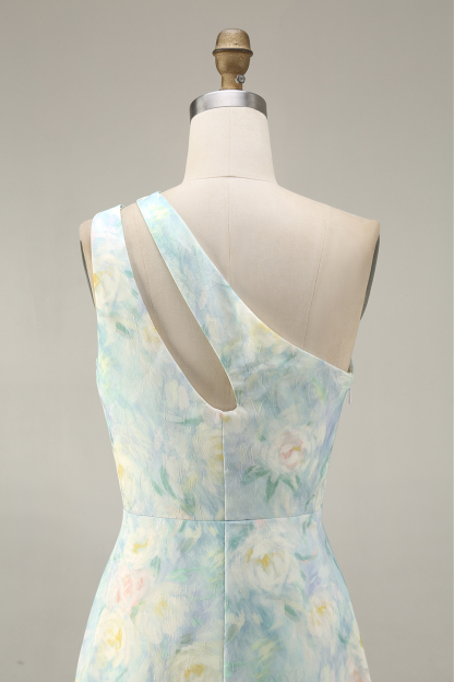 Floral Light Green One Shoulder A Line Floral Long Formal Dress with Slit