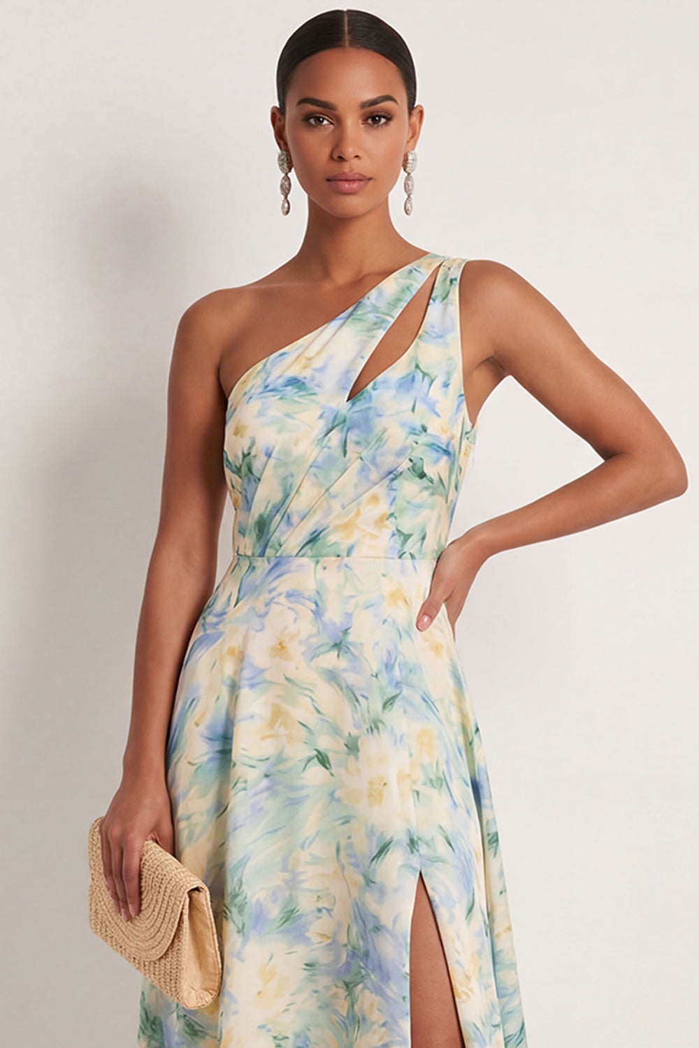 Floral Light Green One Shoulder A Line Floral Long Formal Dress with Slit