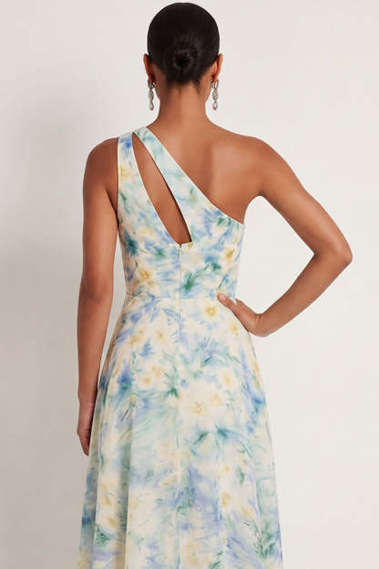Floral Light Green One Shoulder A Line Floral Long Formal Dress with Slit