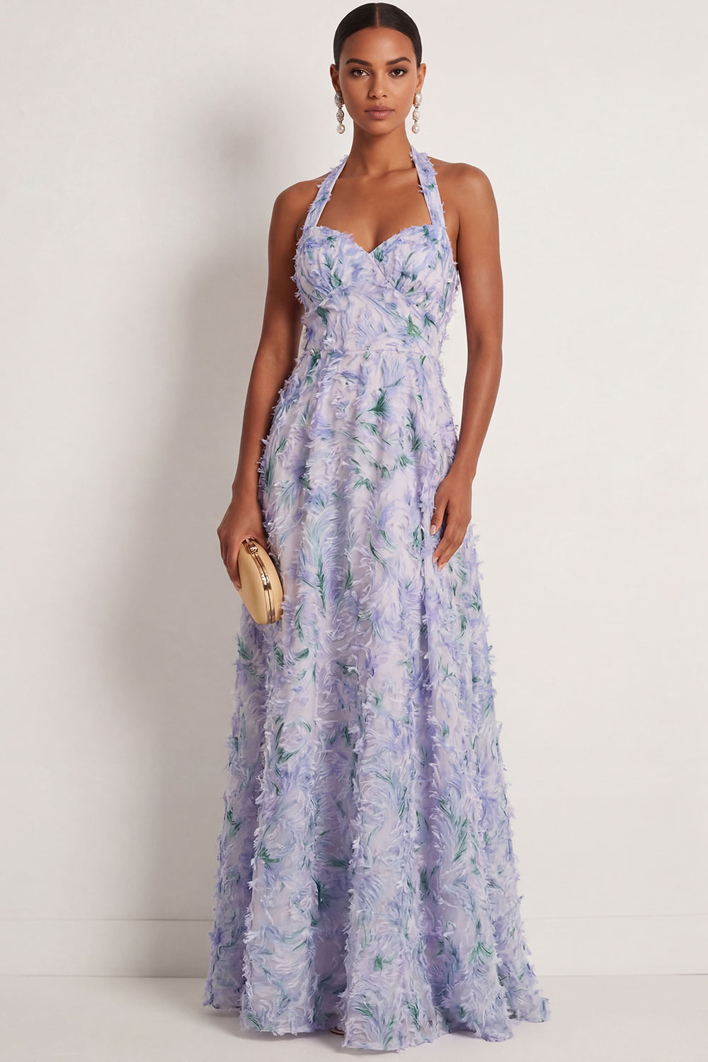 Leely Women Floral Light Purple A Line Long Formal Dress Halter Neck Sleeveless Wedding Guest Dress