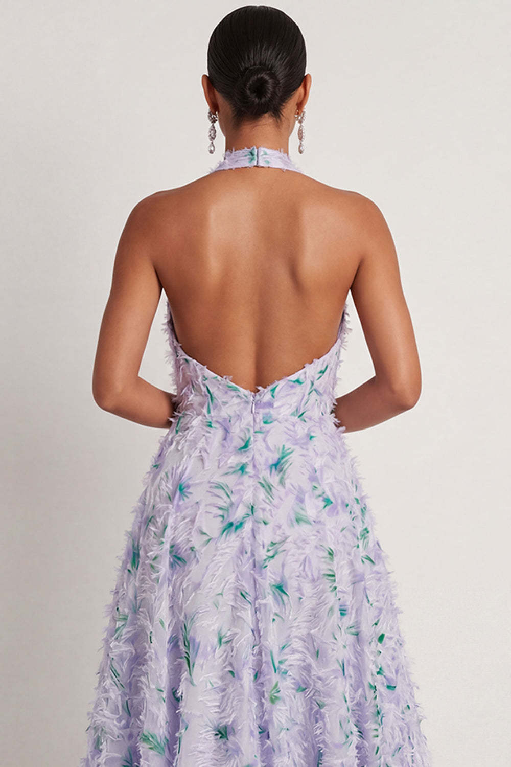 Floral Light Purple A Line Halter Neck Long Formal Dress