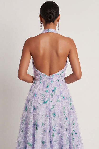Floral Light Purple A Line Halter Neck Long Formal Dress