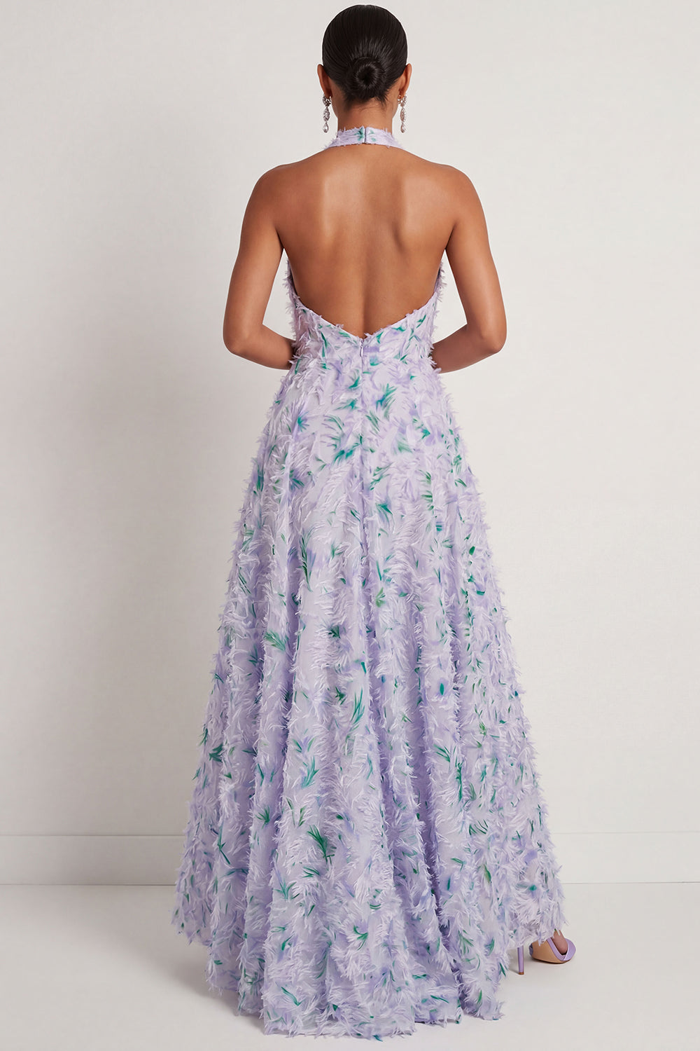 Floral Light Purple A Line Halter Neck Long Formal Dress