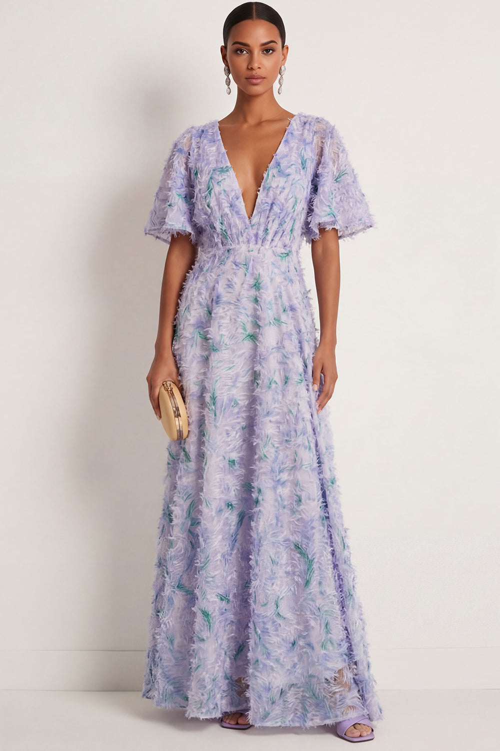 Leely Women Floral Light Purple A Line Long Formal Dress Deep V Neck Short Sleeves Wedding Guest Dress