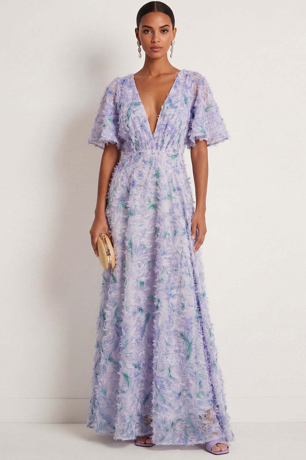 Leely Women Floral Light Purple A Line Long Formal Dress Deep V Neck Short Sleeves Wedding Guest Dress