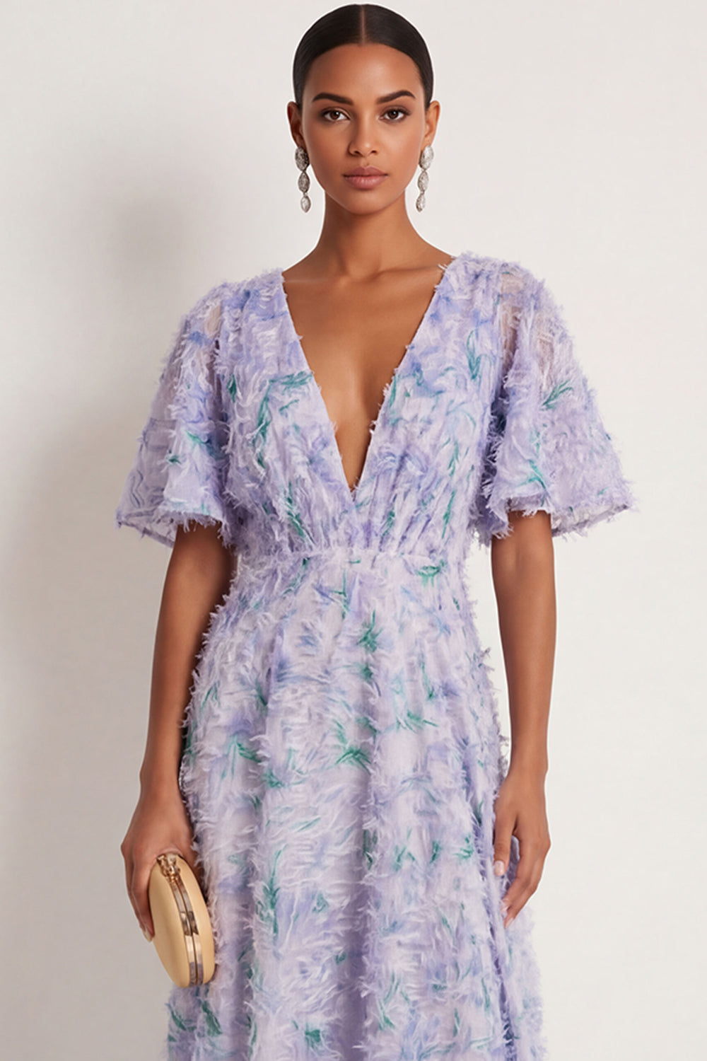 Floral Light Purple A Line Deep V Neck Long Formal Dress
