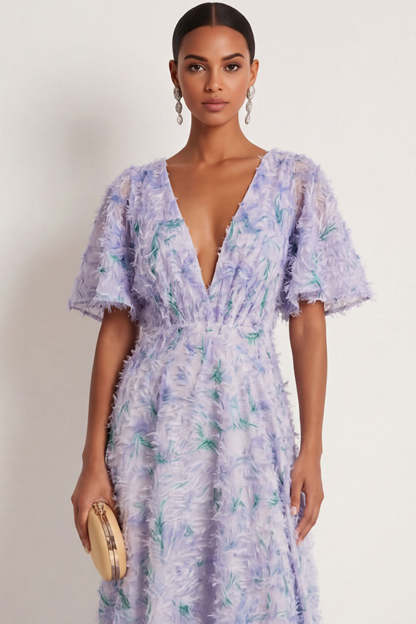 Floral Light Purple A Line Deep V Neck Long Formal Dress