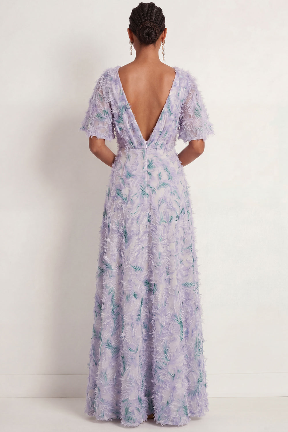 Floral Light Purple A Line Deep V Neck Long Formal Dress