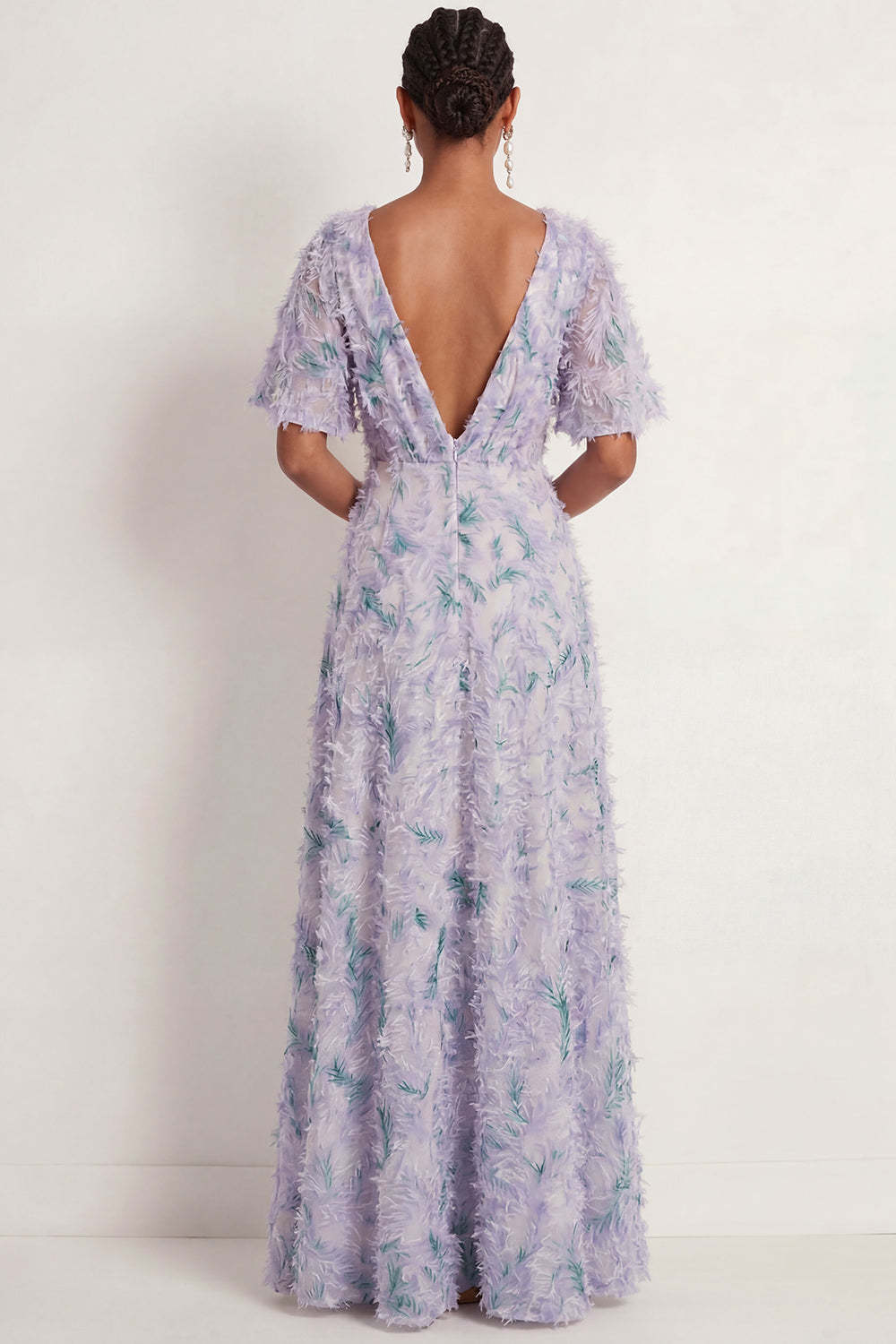 Floral Light Purple A Line Deep V Neck Long Formal Dress