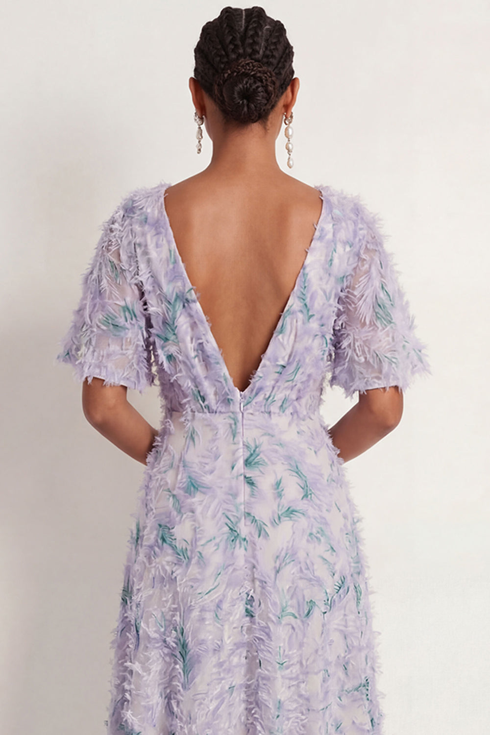 Floral Light Purple A Line Deep V Neck Long Formal Dress