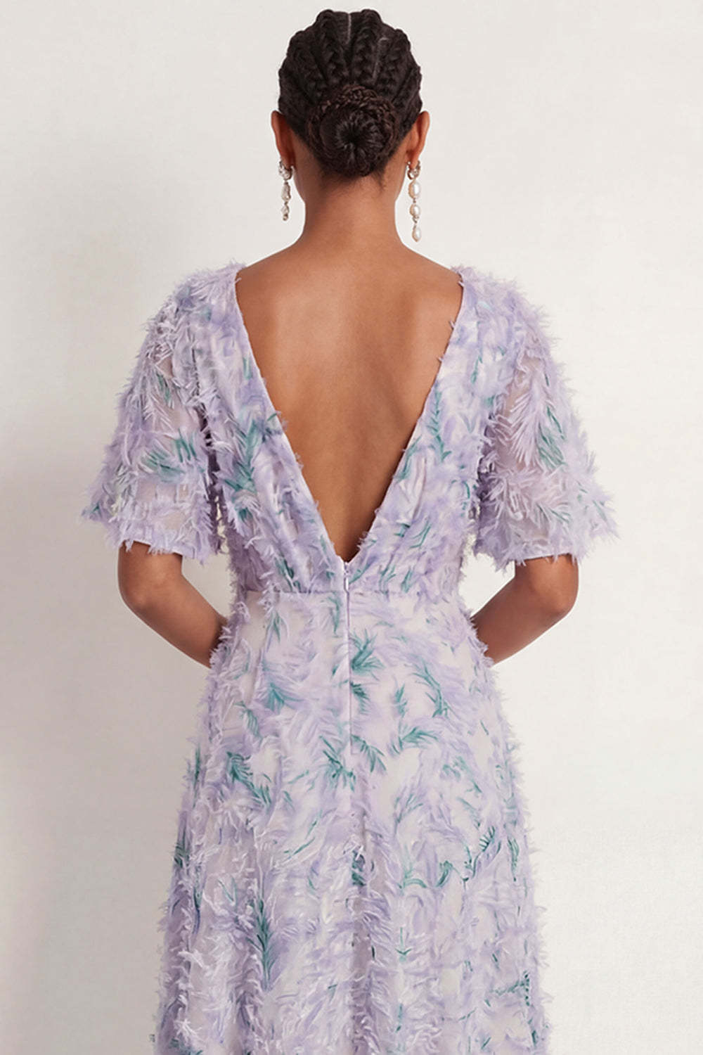 Floral Light Purple A Line Deep V Neck Long Formal Dress