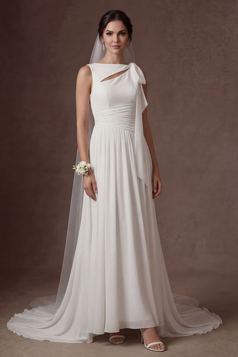White Ruched A Line Appliqued Sleeveless Long Wedding Dress
