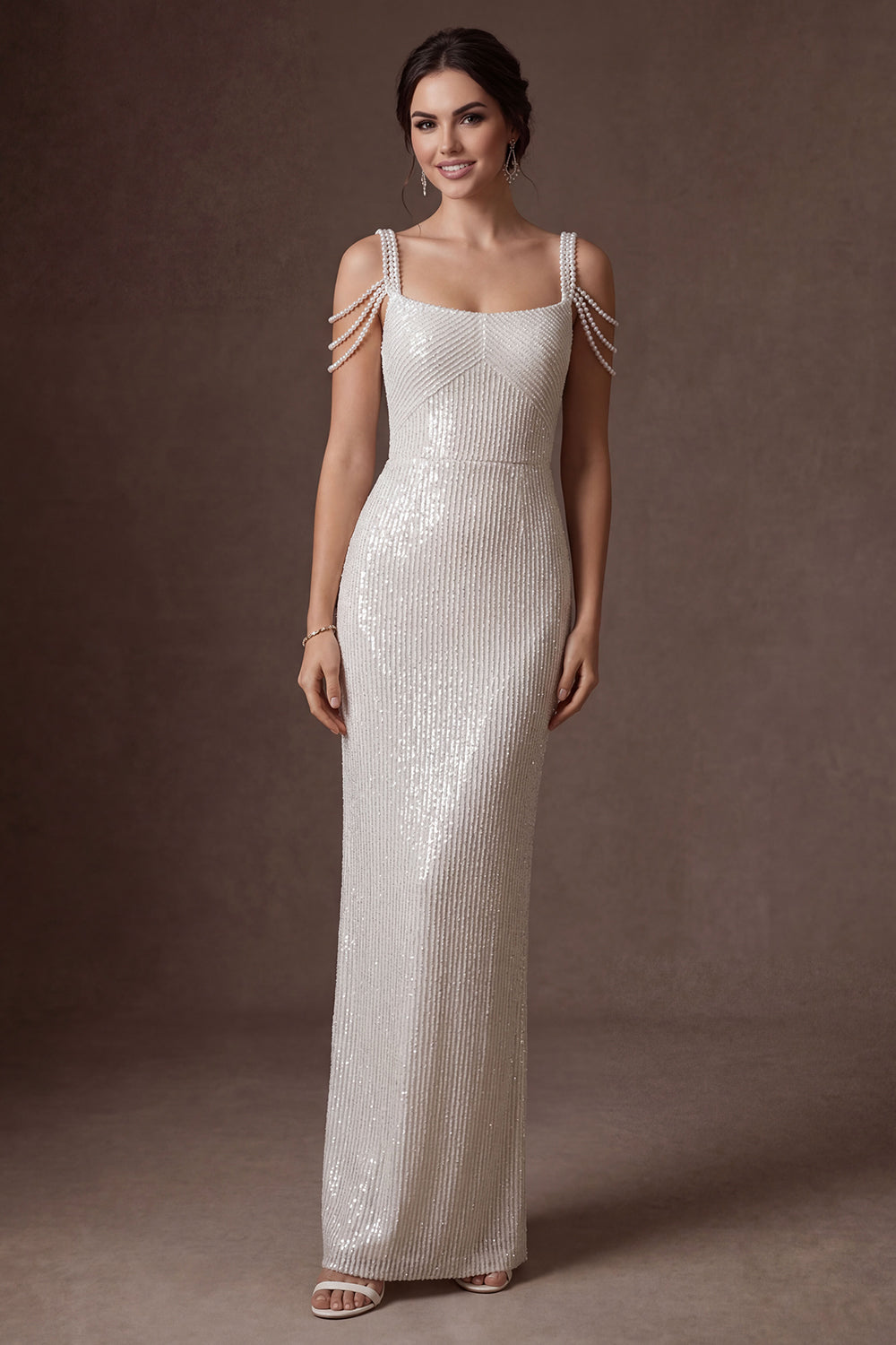 White Sheath Thick Straps Backless Sleeveless Long Wedding Dress
