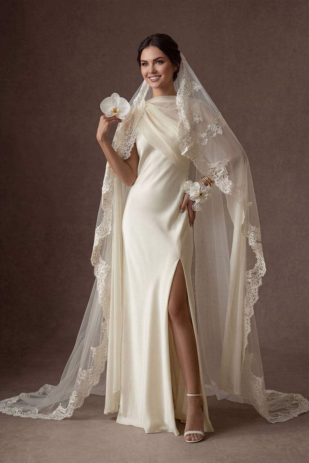 Leely Women White Thick Straps Sheath Long Wedding Dress with Slit Satin Sleeveless Backless Bridal Dress with Cape