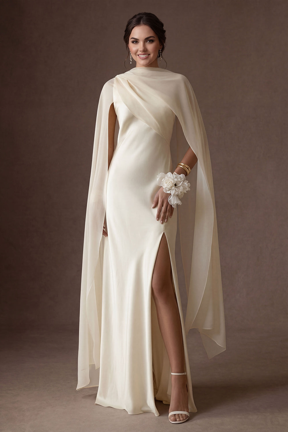 White Thick Straps Sheath Satin Long Wedding Dress with Slit