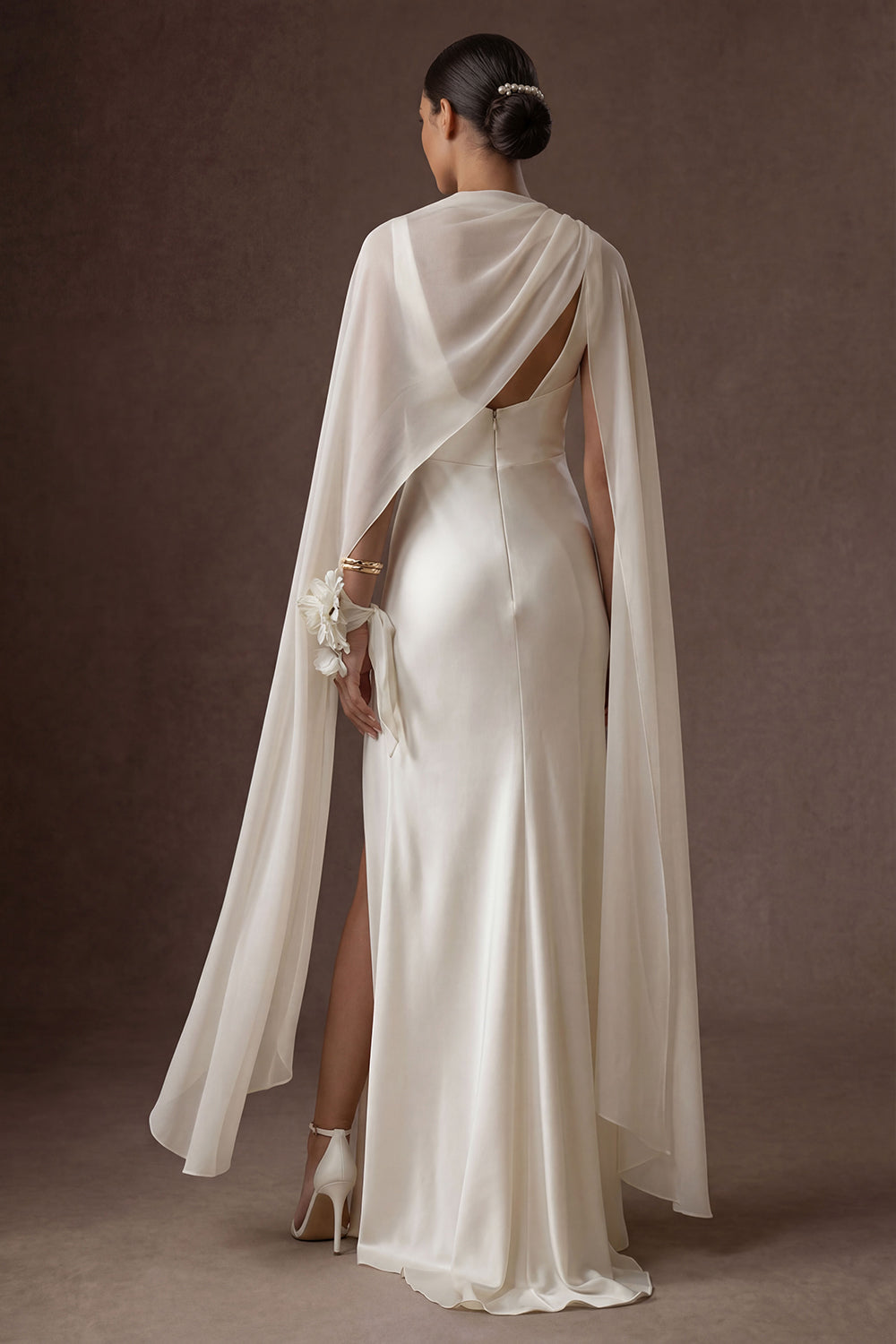 White Thick Straps Sheath Satin Long Wedding Dress with Slit