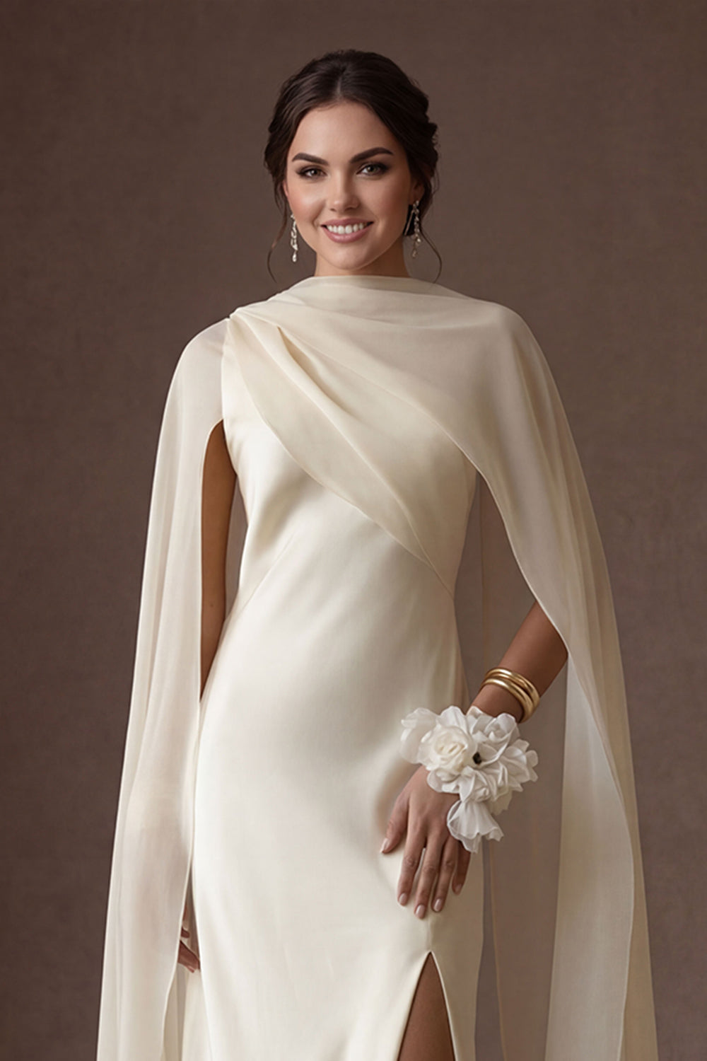 White Thick Straps Sheath Satin Long Wedding Dress with Slit