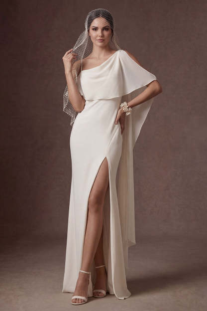 Leely Women White Spaghetti Straps Long Wedding Dress with Slit Sleeveless Backless Bridal Dress with Cape