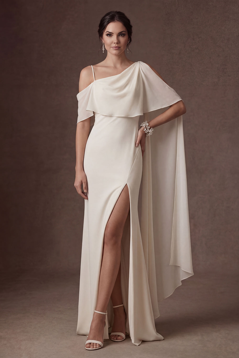 White Spaghetti Straps Sleeveless Backless Long Wedding Dress with Slit
