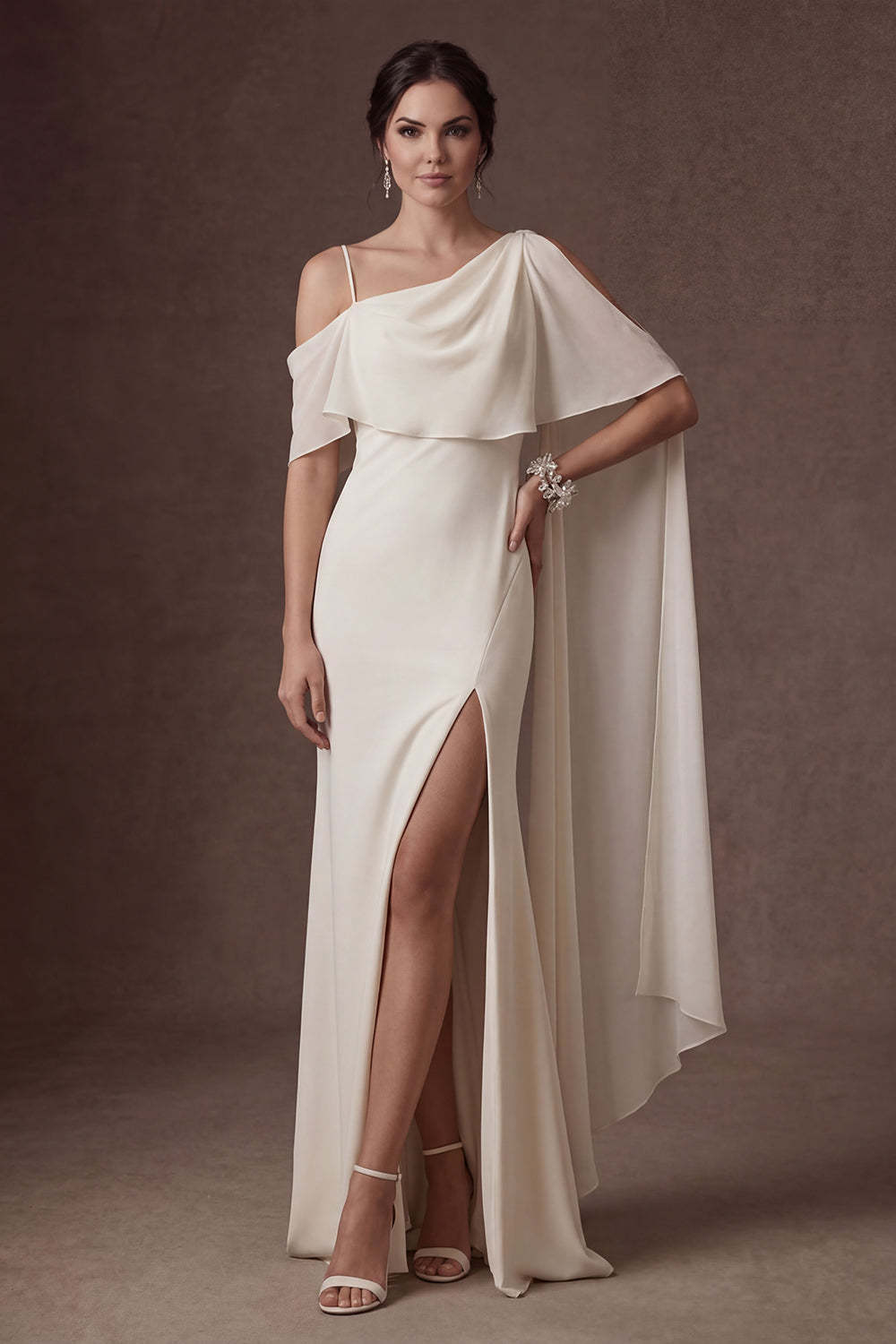 White Spaghetti Straps Sleeveless Backless Long Wedding Dress with Slit