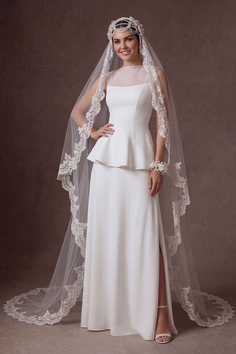 A Line Ruffled White Illusion Neck Long Bridal Dress with Slit