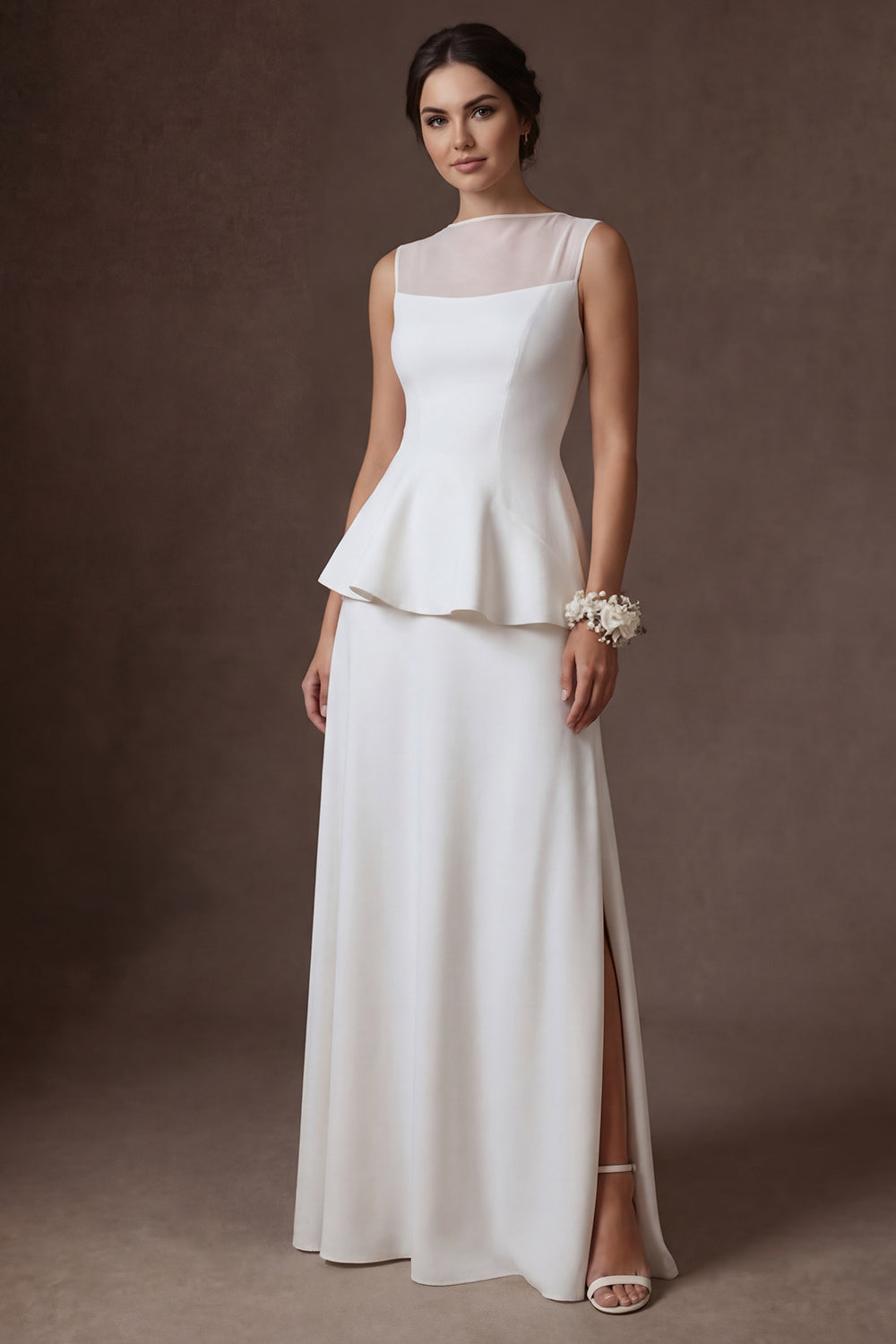 A Line Ruffled White Illusion Neck Long Bridal Dress with Slit