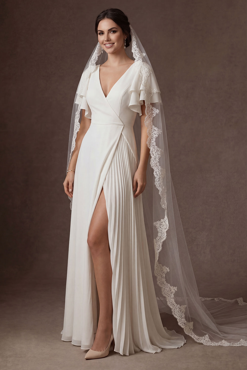 A Line Ruffled White V Neck Short Sleeves Ruched Long Wedding Dress with Slit