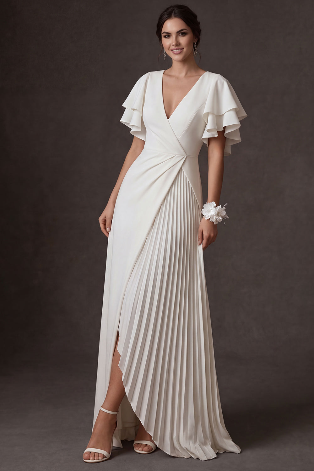 A Line Ruffled White V Neck Short Sleeves Ruched Long Wedding Dress with Slit