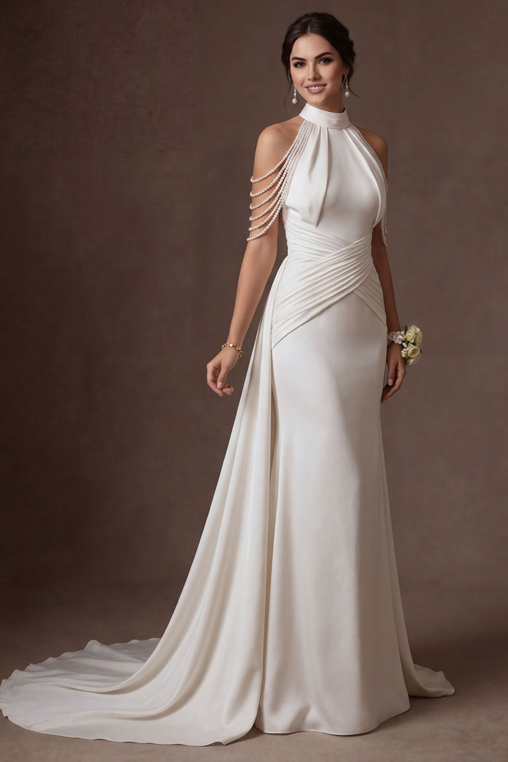 Mermaid White Halter Neck Ruched Beaded Long Wedding Dress