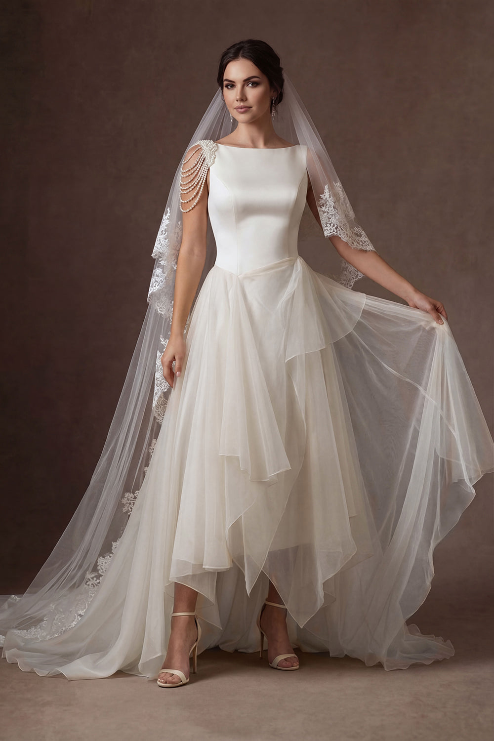 Sheath A Line Ruffled Round Neck Sleeveless High Low Wedding Dress