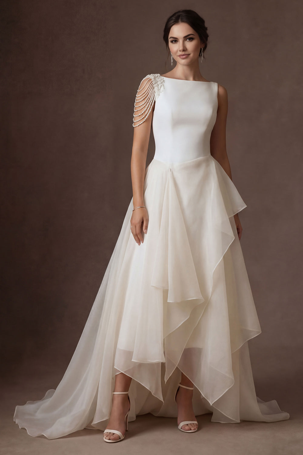Leely Women Sheath A Line Ruffled Round Neck High Low Wedding Dress Sleeveless Satin Bridal Dress