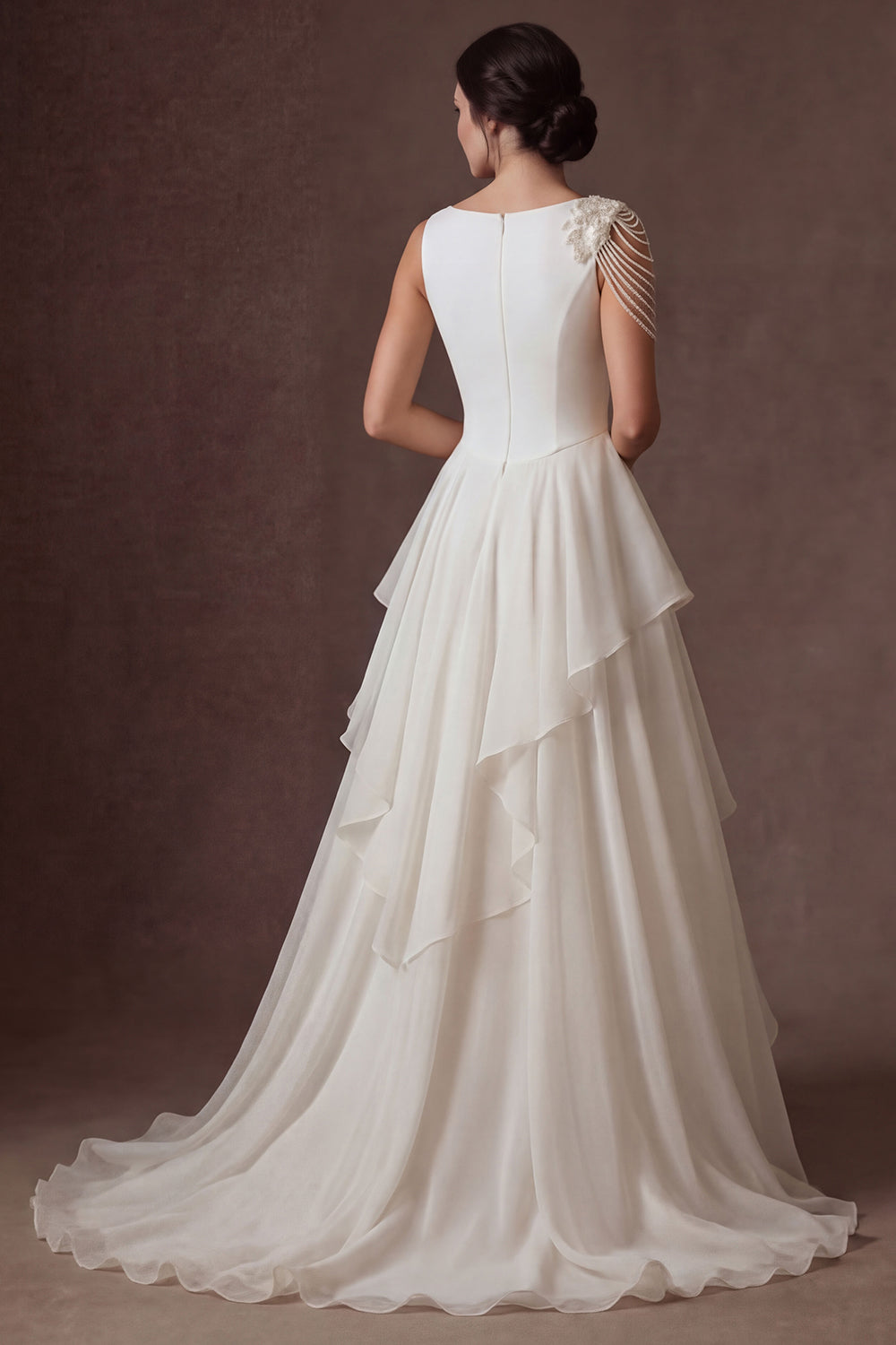 Sheath A Line Ruffled Round Neck Sleeveless High Low Wedding Dress