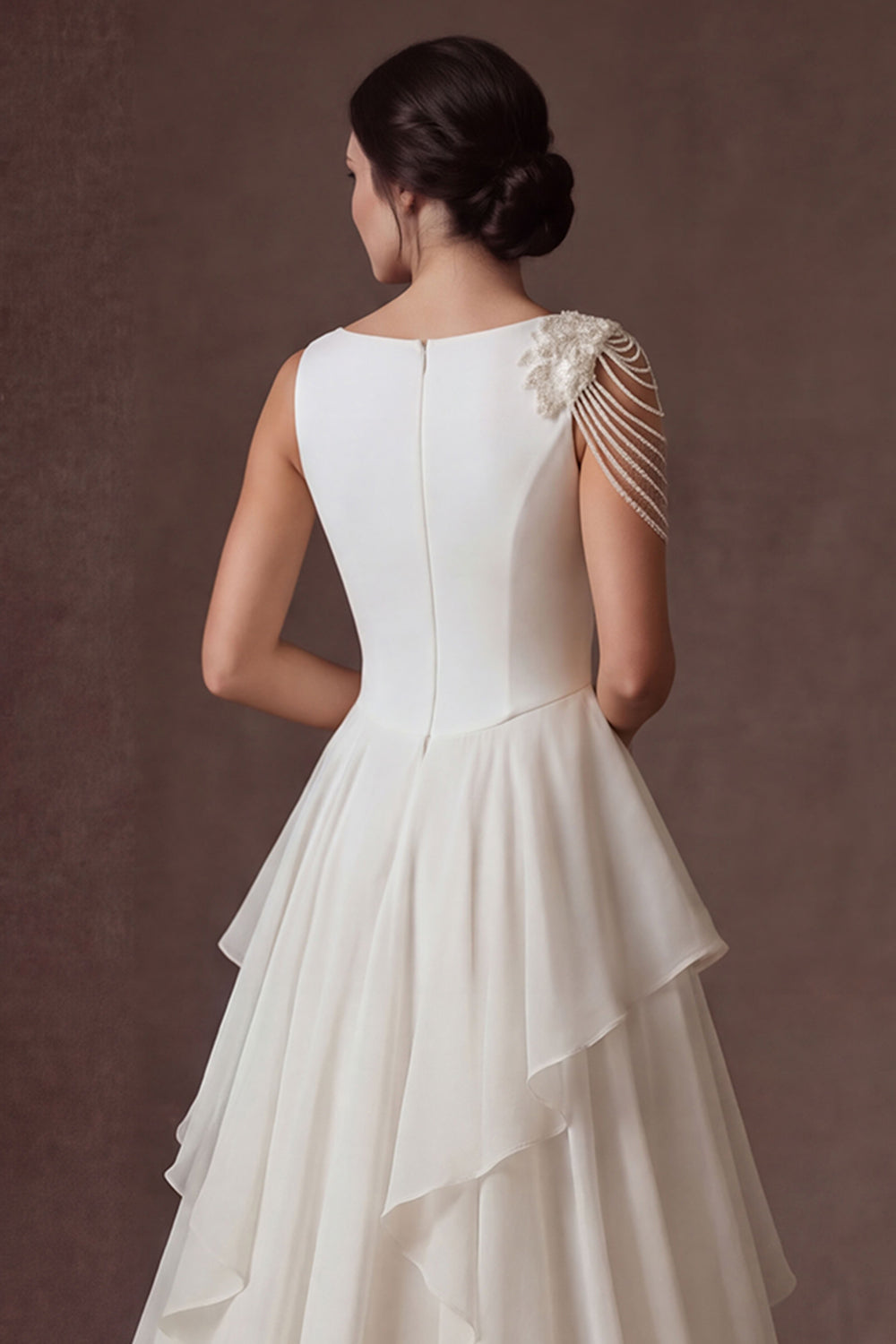 Sheath A Line Ruffled Round Neck Sleeveless High Low Wedding Dress