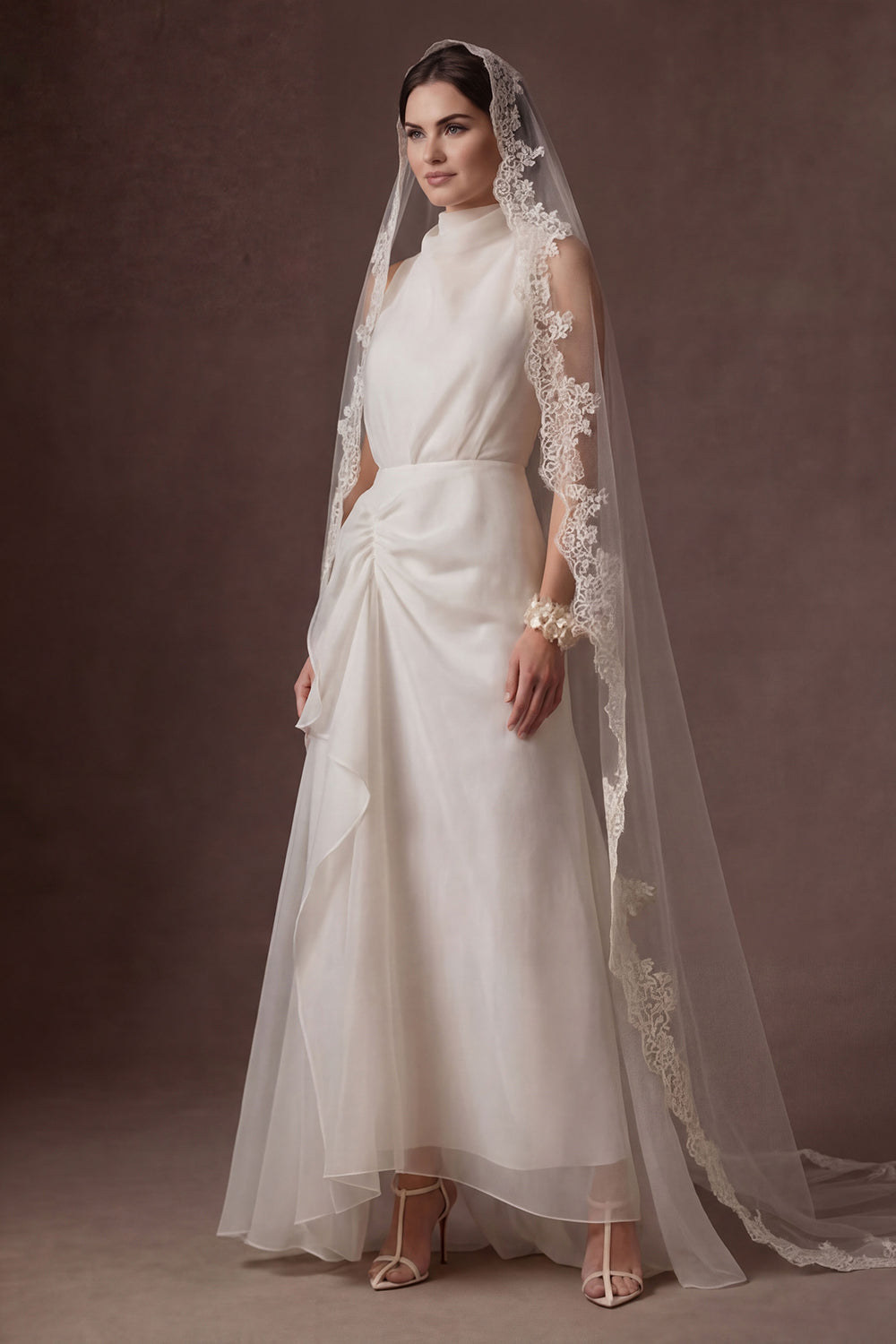 Leely Women White A Line High Neck Ruffled Long Bridal Dress Sleeveless Ruched Wedding Dress