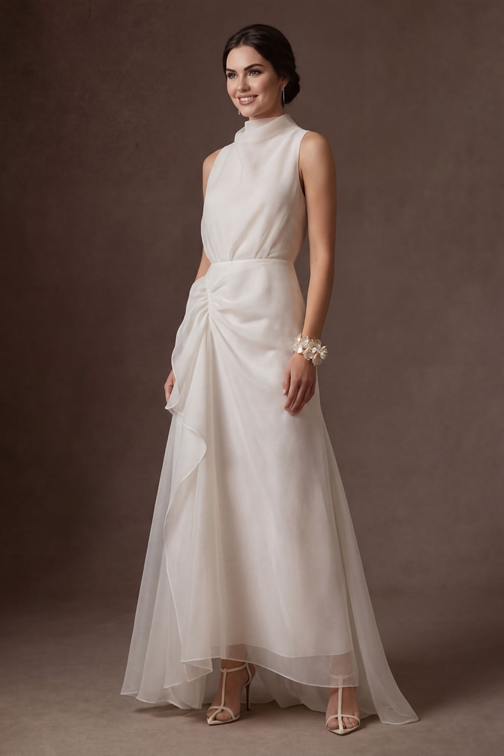 White A Line High Neck Ruffled Sleeveless Long Bridal Dress