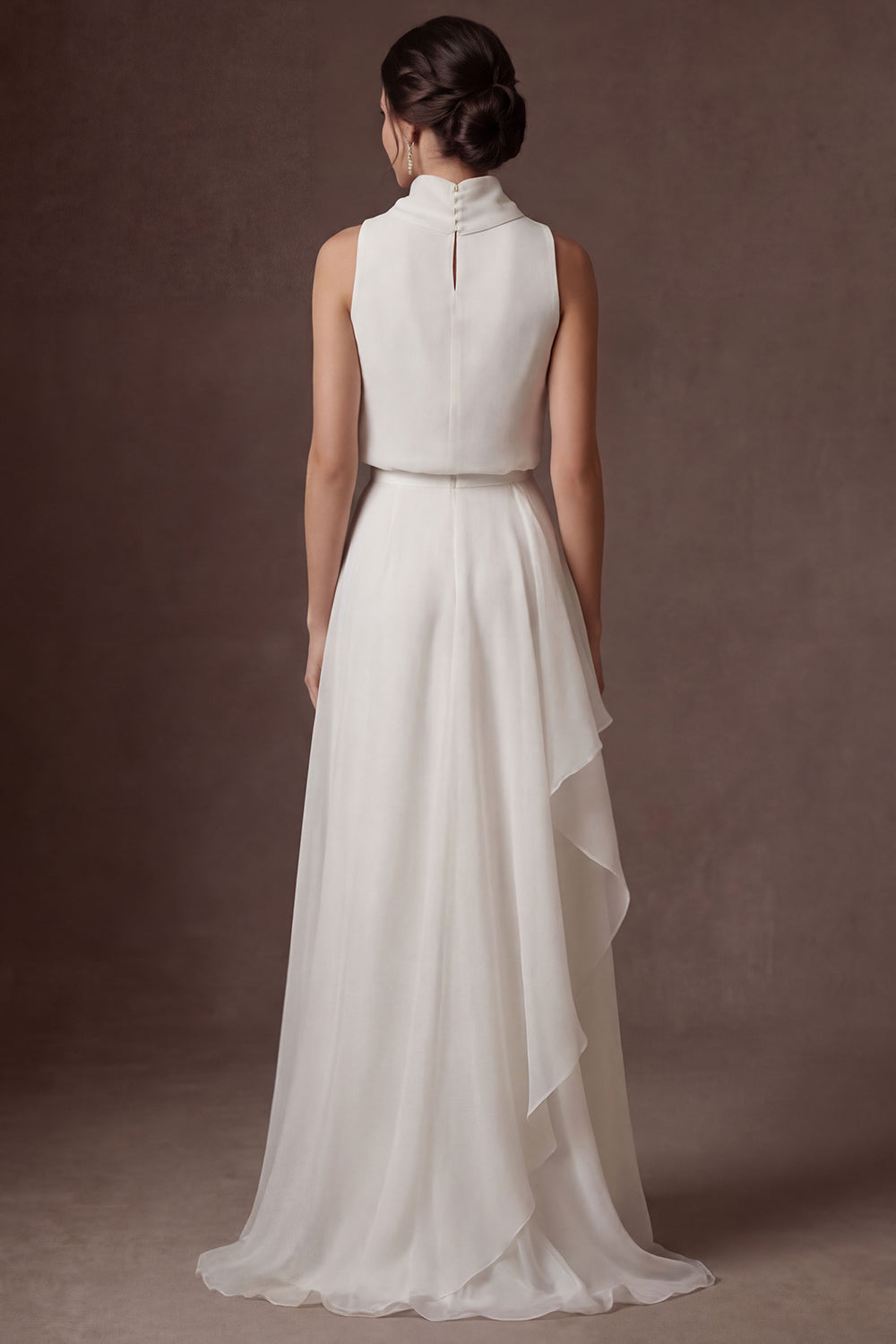 White A Line High Neck Ruffled Sleeveless Long Bridal Dress