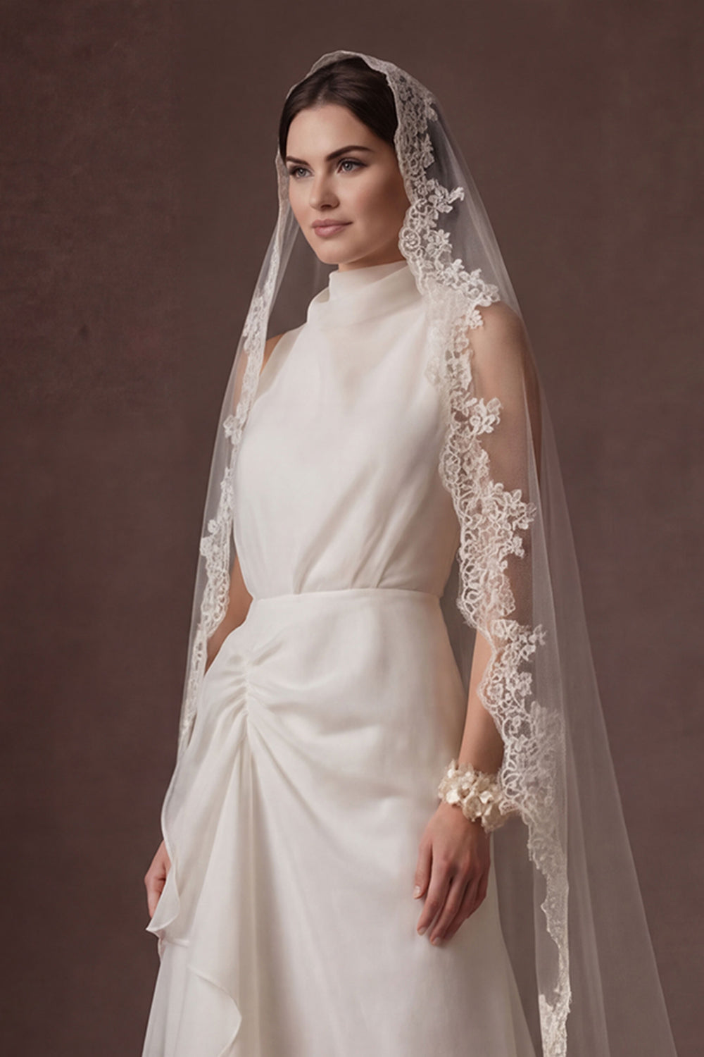 White A Line High Neck Ruffled Sleeveless Long Bridal Dress