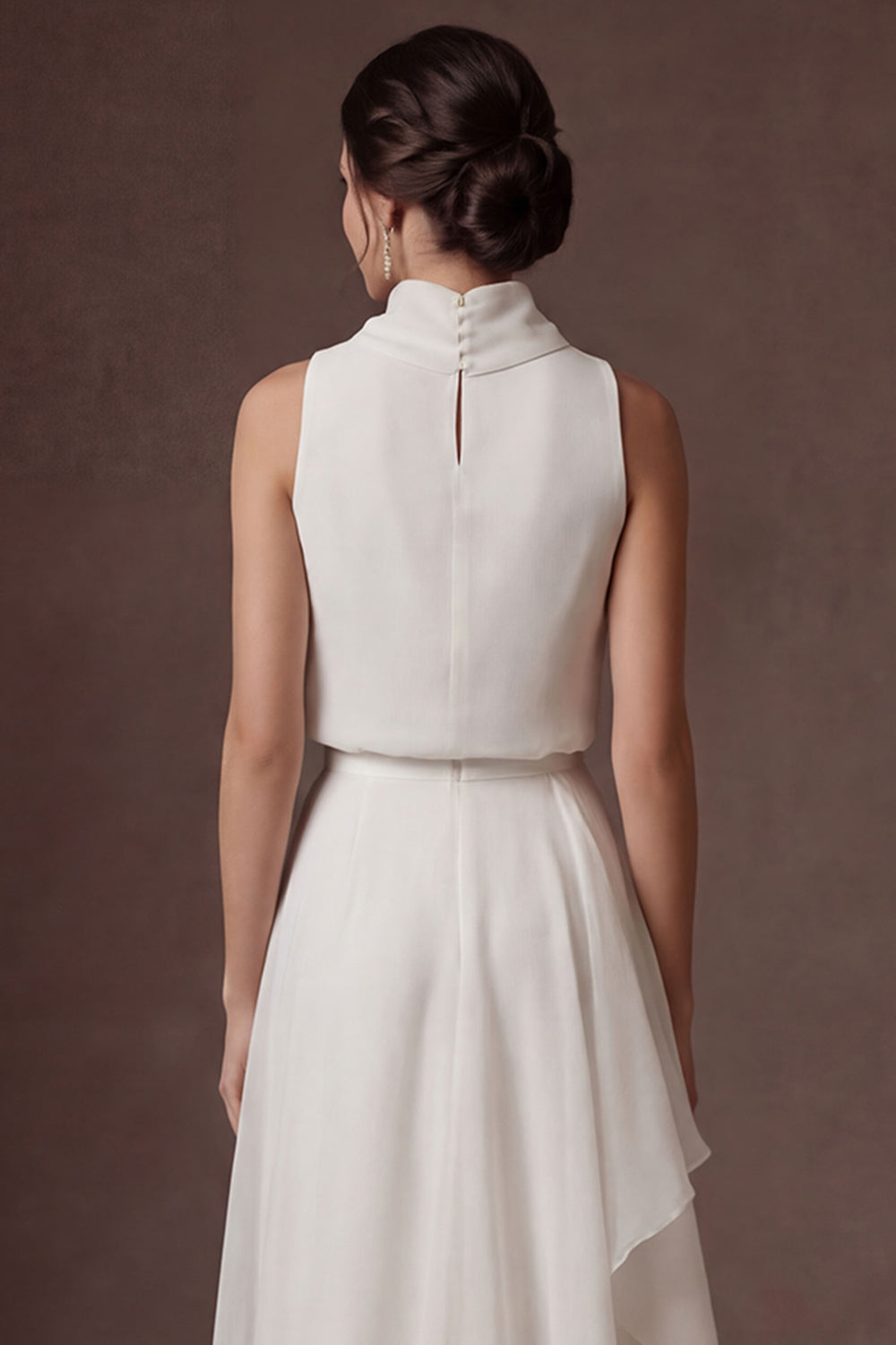White A Line High Neck Ruffled Sleeveless Long Bridal Dress